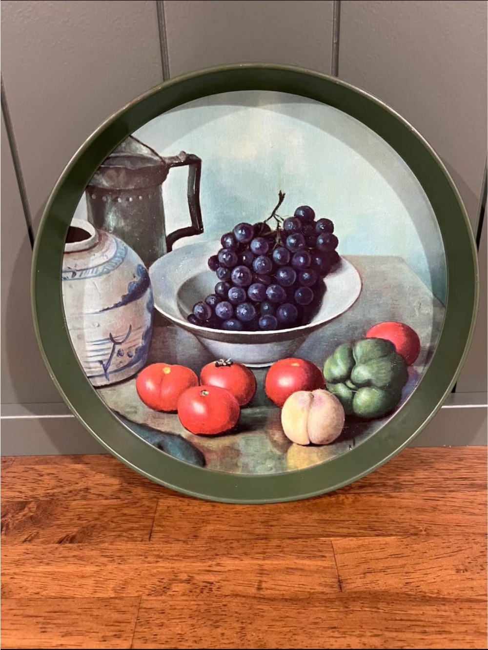 Decorative Round Fruit Tray with Grape Still Life - Green Rim